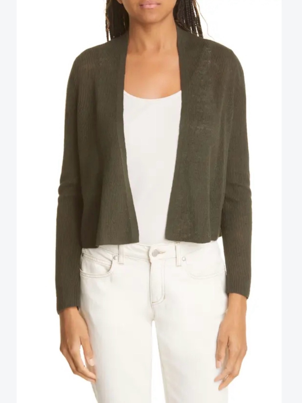 Eileen Fisher Cardigan Open Front Sage Green Natural Ribbed Knit Sz M